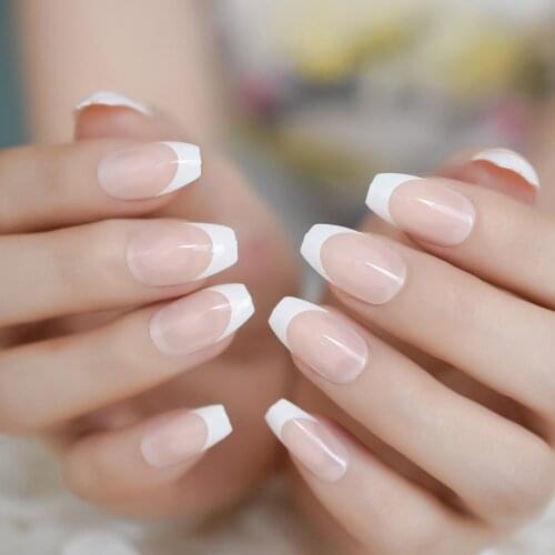 24pcs Classical French Nail Medium Coffin Flase Nails Simple Design White Tip UV Gel Nails