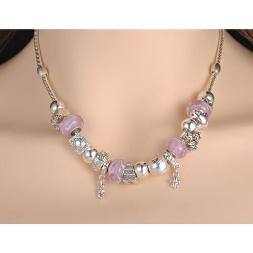 AENINE Handmade Pink Glass Compass Tree Beads Chockers Necklace Diy Silver Color Chain & Link Necklace For Women Collier PANE006