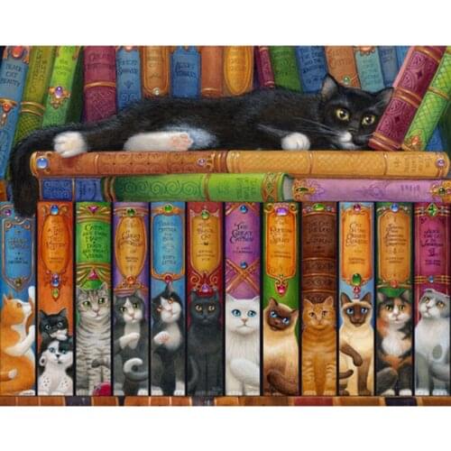 DIY Diamond Painting Cross Stitch Bookshelf 5D Needlework Mosaic Cat Book Full Square Drill Icon Diamond Embroidery WG1511