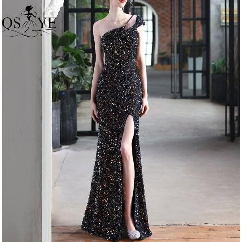 One Shoulder Black Evening Dress Mermaid Sparkle Sequin Prom Gown Glitter Lace Long Formal Party Women Split Prom Dress Fit