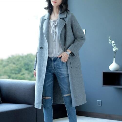 Long woolen blends cashmere coats for women 2019 autumn winter ladies jackets plus size overcoats grey double sided casual