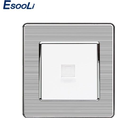 Esooli 1 Gang RJ45 Internet Jack CAT5E Connector Stainless Steel Brushed Panel Computer Outlet Wall Data Socket