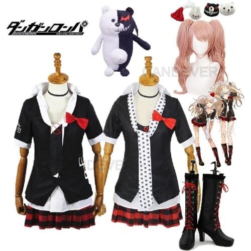 Anime Danganronpa Cosplay Costume Enoshima Junko Uniform Cafe Work Clothes Short Skirt Double Tail Braid Wig bear shoes headwear