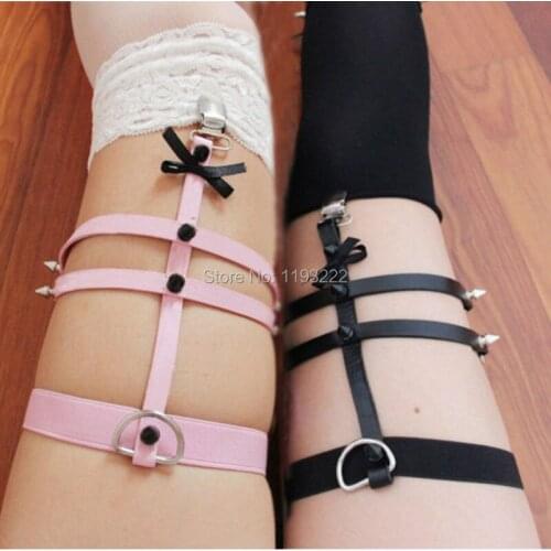 Punk Rock Rivet Handmade Three Row Leather Bow Bowknot LEG Garter Belt Suspender Loop