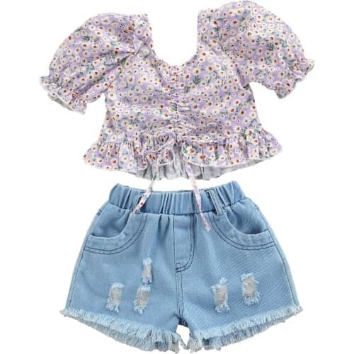 Lioraitiin 2-7Years Toddler Girl 2Pcs Summer Clothing Short Sleeve Top Shorts Floral Lace Up Ruffle Shirt Denim Ripped Pants