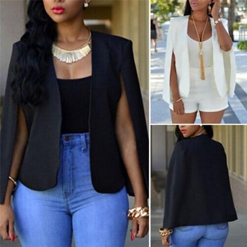 Fashion Womens Long Sleeve Lapel Cape Casual Business Blazer Womens Coat Outwear Black White Office Ladies Clothing