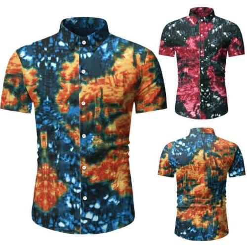 Mens Short Sleeved Shirt Stand Collar Cardigan Beach Shirt with Print Casual Slim Type Single Breasted Tops