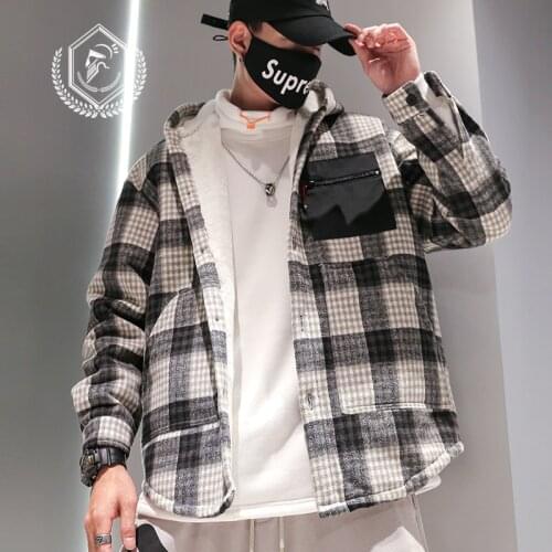 Men Vintage Loose Plaid Print Jacket Casual Fleece Heavyweight Hip Hop Parkas Coat with Hoodie