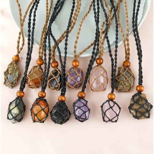 1pc Necklace Cord Empty Stone Holder Natural Quartz Crystal Raw Stone Fish Netted Amulets Pendant