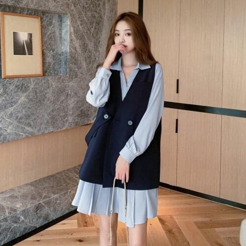 Plus Size Womens Set 2021 Spring Autumn New Fashion Sleeveless V-Neck Blazer Tops Short Pleated Dress Vest Two Piece Suit zh113