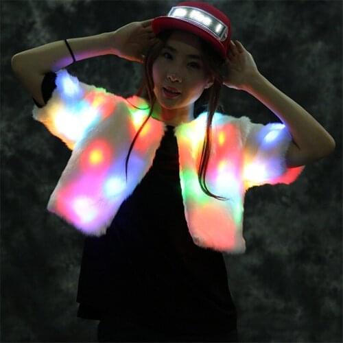 RE62 Female dance led costumes colorful lighted fur coat dj luminous women jacket performance coat stage show dress outfits led