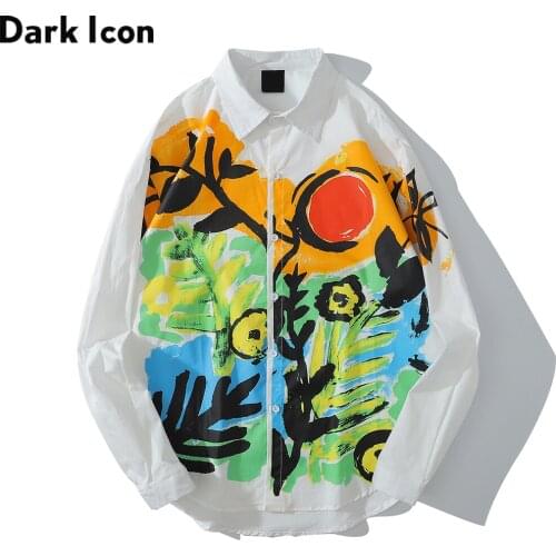 Dark Icon Graffiti Long Sleeved Shirt Men Turn-down Collar Loose Mens Shirts Autumn Shirt for Man