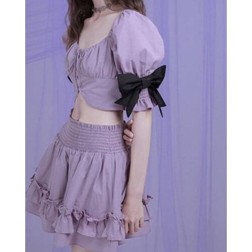 Korean style street bow tie shirt lace short skirt female fresh and sweet sexy beautiful girl style two-piece kawaii Harajuku