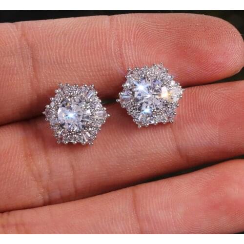 UILZ Luxury Female Crystal White Zircon Stud Earrings Simple Silver Color Hexagon Earrings for Women Vintage Double Earrings