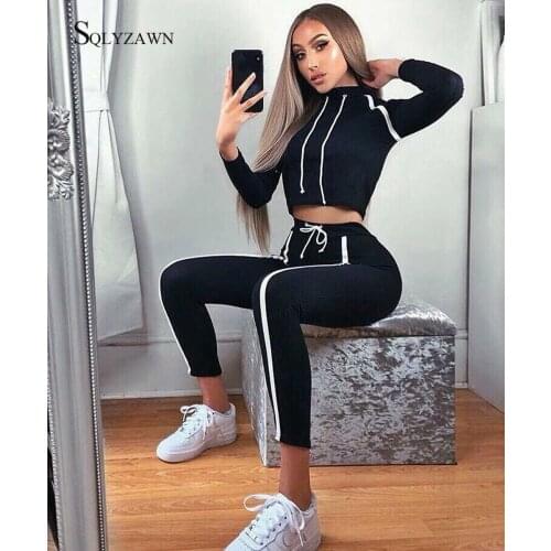 2019 Autum Knit Tracksuit Women Set Hoodies Crop Top Sweatshirt+Side Stripe Pants 2 Pieces Sets Women Sweat Suits Female Outfits