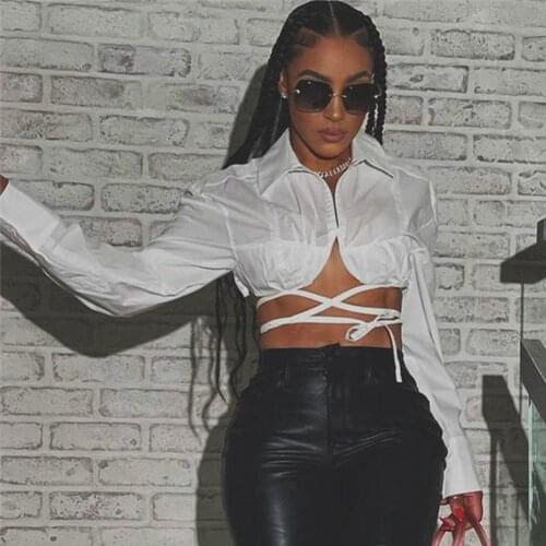 Sexy Solid Lace Up Backless T-Shirts Shirt For Women Lapel Long Sleeve Korean Short Slim Blouses 2021 Fashion Summer Clothing