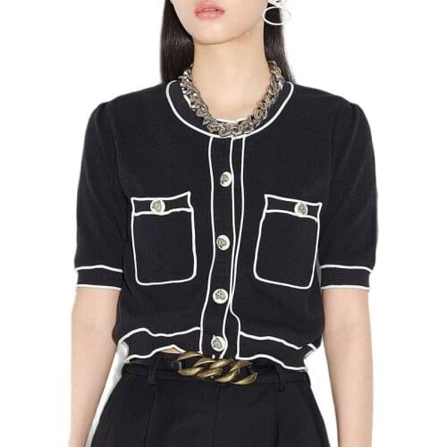 Double Pocket Short Sleeve Cardigan 2021 Women Summer Cardigan Crop Top O Neck Button Up Sweater Shirt Black Knitted Cardigan