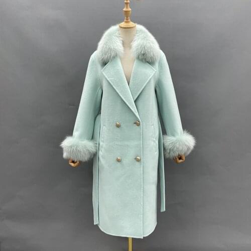 2021 Wool Coat With Real Fox Fur Collar Cuff Women Elegant Cashmere Woolen Jacket With Belt England Style Long Wool Coat Ladies