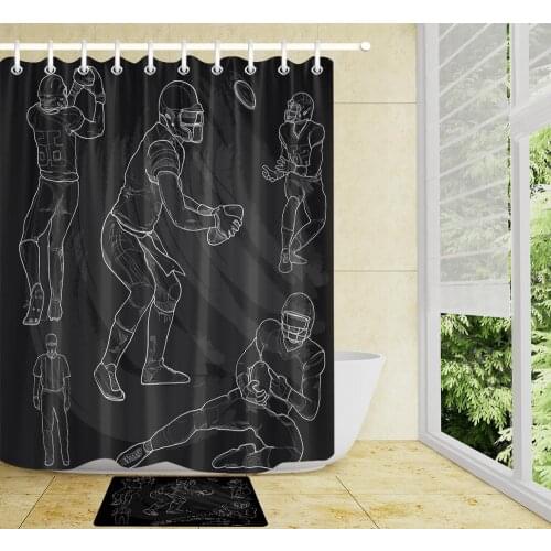 Black and White Shower Curtain Custom Cartoon Design Rugby Athlete Home Decor Shower Curtain For Bathroom Accessories Door Mat