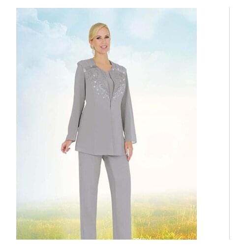 Cheap Two Pieces Mother Of The Bride Pant Suits With Long Sleeve Lace Appliqued Beads Mothers Pantsuits Formal Suits