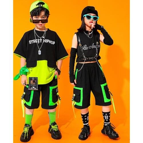 Children Hip Hop Clothes For Kids Fluorescent Color Loose Hiphop Dancers Outfits Jazz Performance Costumes Rave Clothes DQS7614