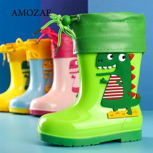 Childrens Rain Boots All Seasons Kids Rainboots Girl Cute 3D Dinosaur Boys Boots Plush Warm Ankle Waterproof Toddler Shoes