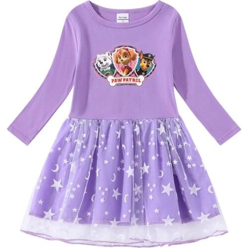 Paw Patrol Long-Sleeved Dress Clothing Girls Kids Cotton Skye Chase Party Mesh Skirt Lace for Children Puppy Pink Princess