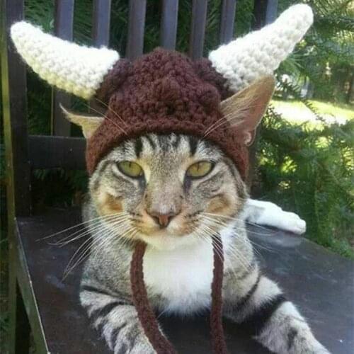 Cute Cartoon Handmade Cat Cotton thread Hat Cap with Horn Pet Decor Accessory مستلزمات قطط