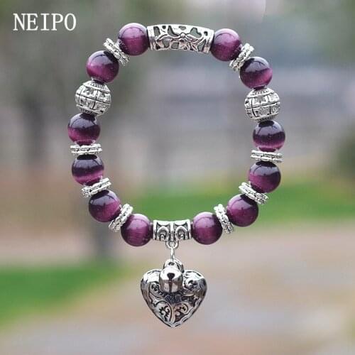 NEIPO Fashion Jewelry 10mm Opal Beads Bracelet DIY Bell Heart Pendant Bracelet Women Girlfriends Charms Strand Bracelet Gift