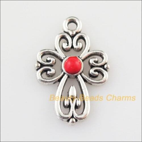 New 20Pcs Retro Tibetan Silver Color Cross Red Stone Charms Pendants 14.5x21.5mm