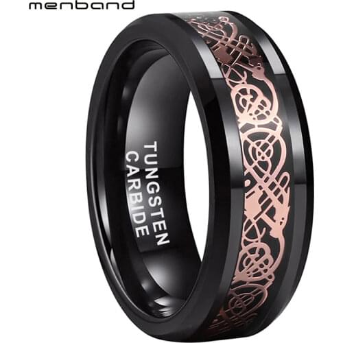 Black Wedding Band Men Women Tungsten Ring With Black Carbon Fiber And Rose Dragon Inlay 8MM Comfort Fit