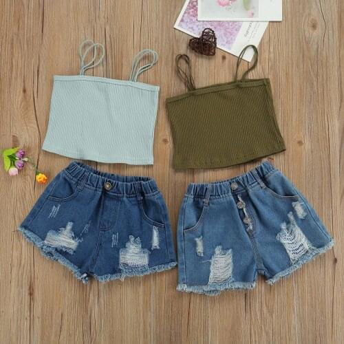 Toddler Girls 2Pcs Fashion Summer Outfits Sleeveless Rib Knitted Strap Tops Vest+ Ripped Denim Shorts Set Soft Casual Outwear