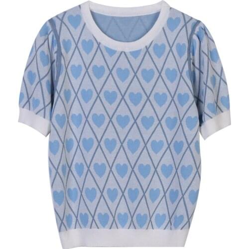 Casual Kawaii O-Neck Short-Sleeved Round Neck Contrast Color Love Embroidery Loose Knitwaer Top Summer Fashion Pullover