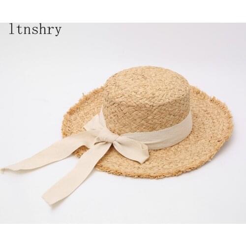 New Handmade Women Summer Sun Hat Beach Raffia Panama Straw Cap Big Brim Black White Bow Ribbon Temperament Flat top Holiday cap