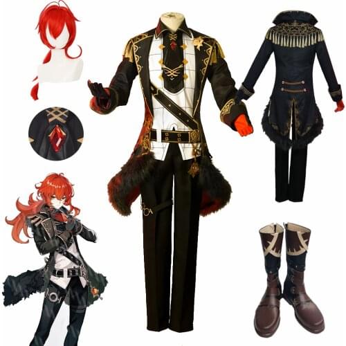 Genshin Impact Diluc Game Suit Uniform Cosplay Costume Boots Jacket Wig Anime Halloween Party Outfit For Men