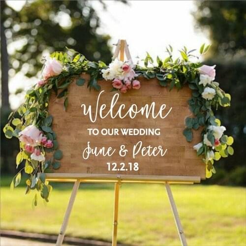 Wedding Party Welcome Sign Bride and Groom Names Wedding Date Customized Vinyl Decal Sticker Rustic Wood Wedding Decor C491