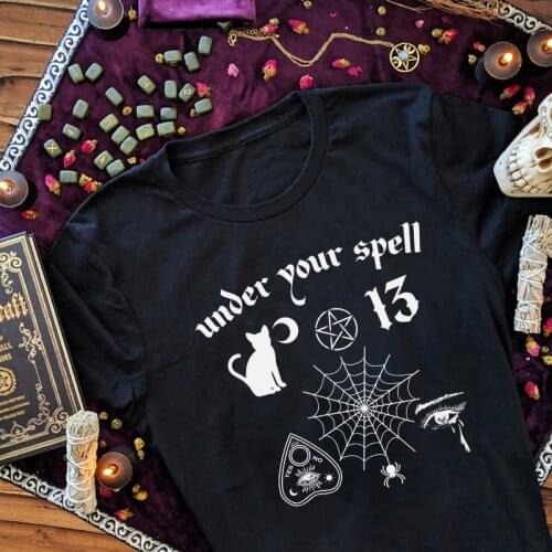 Witch Icons Print Gothic Clothing Female Streetwear Cute Tops Halloween Dark Goth T Shirt Black Witch Shirt Women T-shirts