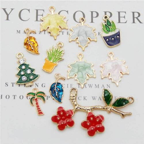 Julie Wang 10pcs Mix Enamel Plants Charms Leaf Cactus Pendant Gold Tone For Women Earrings Bracelet Jewelry Making Accessory
