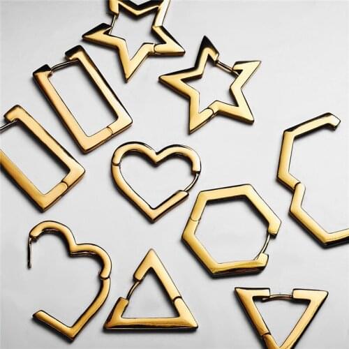 Punk Gold Color Statement Triangle Star Heart Huggies Earrings Fashion Brass Metal Geometric Earrings for Women