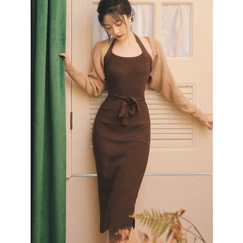 Hong Kong Style Retro Knitted Sress Two Piece Set Women Elegant Shawl Crop Coat+Halter Strapless Sexy Knitted Bodycon Dress Suit