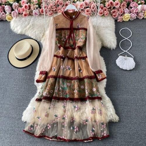 2021 Elegant See Through Long Lantern Sleeve Mesh Summer Dress Flower Embroidery Lace Vestidos High Waist Bow Party Long Dress