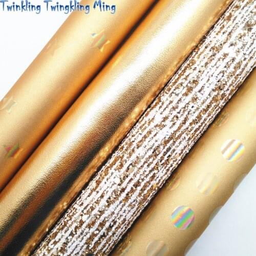 Gold Chunky Glitter Leather, Metallic Faux Leather Synthetic Leather with Stars Dots Pattern 21x29CM Twinkling Ming KM479