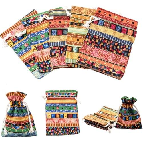 20pc Ethnic Style Cloth Packing Pouches Drawstring Gift Bags Mixed Color 14x10cm Presents Packaging Jewelry Storage