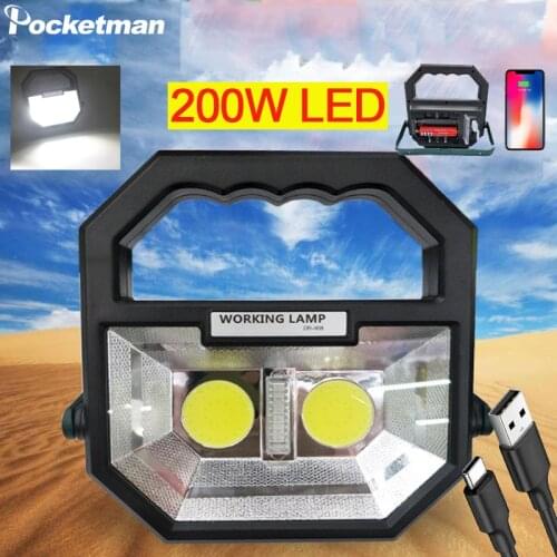 200W LED Portable COB Work Light Rechargeable Waterproof Flood Lamp with warn light for Camping Hiking Emergency Car Repairing