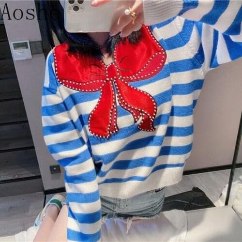 2020 Fashion New Female Clothes Elegant Navy Striped Coat Sweet Bow Diamond Set Pullover Long Sleeve Womens Sweater