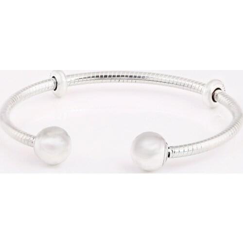 S925 Open Bangle Bracelet for Women Round Clasp Snake Chain fit Lady Bead Charm Pendant