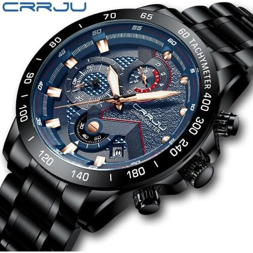 CRRJU high-end brand mechanical style mens watch, fashion business travel essential watch, waterproof three dial mens watch