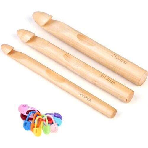 LMDZ 15/20/25mm Wooden Crochet Hooks Bamboo Knitting Crochet Needles with 10pcs Knitting Stitch Markers for Handcraft Crocheting