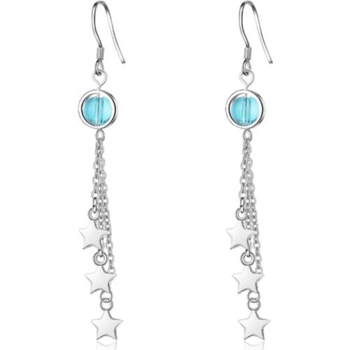 Design sense fashion trend blue artificial crystal stars five-pointed star long silver plated earrings IR027