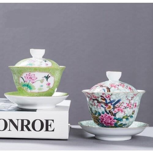 Enamel Three-Force Cover Bowl Household Japanese Tea Making Device Hand Painting Kung Fu Tea Set Tea Ceremony Accessories Gaiwan
